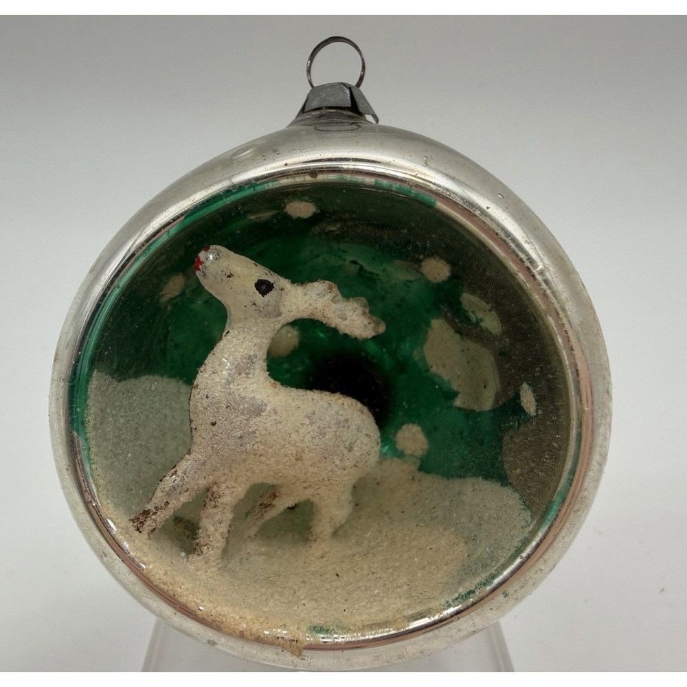 Vintage Mercury Glass Diorama Christmas Ornament Reindeer Green Background Mica